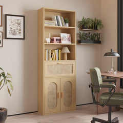 HAOYYE 3-Layer 1-Drawer Display Cabinet, Double Door Rattan Surface, Triamcinol Board, Original Wood Color, Soft Cozy Flannel Fleece, Modern Home Decor, Luxury Storage Cabinet, Unique Design For Living Room, Bedroom, Or Office