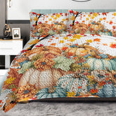 HAOYYE Colorful Oil Painting Pumpkin Pattern Quilt Set, All-Season Floral Fall Leaves Bedding Set With 2 Pillowcases, Soft Cozy Warm Quilt For Kids And Adults, Thanksgiving Day Gift