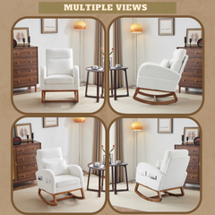 HAOYYE White Teddy Fleece Rocking Chair, Mid-Century Modern Upholstered Glider with Curved Armrests and Thick Headrest, Sturdy Solid Wood Base, Perfect for Living Room and Bedroom Decor