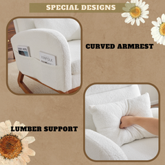 HAOYYE White Teddy Fleece Rocking Chair, Mid-Century Modern Upholstered Glider with Curved Armrests and Thick Headrest, Sturdy Solid Wood Base, Perfect for Living Room and Bedroom Decor