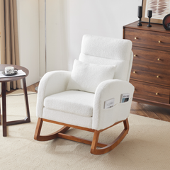 HAOYYE White Teddy Fleece Rocking Chair, Mid-Century Modern Upholstered Glider with Curved Armrests and Thick Headrest, Sturdy Solid Wood Base, Perfect for Living Room and Bedroom Decor
