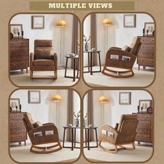 HAOYYE Rustic Microfiber Rocking Chair, Mid-Century Modern Upholstered Glider with Curved Armrests and Headrest, Sturdy Solid Wood Base for Living Room and Bedroom Decor