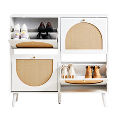 HAOYYE 2 Rows of 4 Dump Buckets Rattan Shoe Cabinet with High Gold Feet, White Frame and Natural Rattan Surface, Entryway Storage Organizer with Flip Drawers