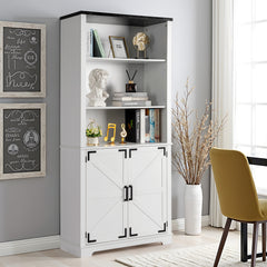 HAOYYE 3-Layer Display Cabinet With 2 Doors, Black Iron Corners, Front Curved Base Feet, White Triamine Board, Luxury Home Decor, Elegant Storage Cabinet For Living Room, Soft Cozy Warm Design.