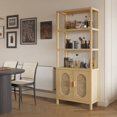 HAOYYE 4-Layer Display Cabinet with Double Doors, Original Wood Color, Rattan Surface, Stylish Storage Solution, Soft Cozy Design for Home Decor, Unique and Comfortable, Elegant and Functional Display Case for Living Room or Bedroom