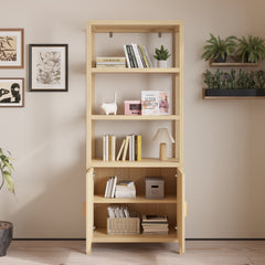 HAOYYE 4-Layer Display Cabinet with Double Doors, Original Wood Color, Rattan Surface, Stylish Storage Solution, Soft Cozy Design for Home Decor, Unique and Comfortable, Elegant and Functional Display Case for Living Room or Bedroom