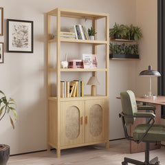 HAOYYE 4-Layer Display Cabinet with Double Doors, Original Wood Color, Rattan Surface, Stylish Storage Solution, Soft Cozy Design for Home Decor, Unique and Comfortable, Elegant and Functional Display Case for Living Room or Bedroom