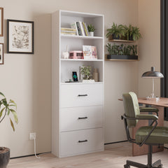 HAOYYE 3-Layer Display Cabinet with 2 USB Ports and 2 Plugs, US Standard, 3 Drawers, Triamine Board, White Soft Cozy Warm Flannel Fleece Home Decor, Luxury Comfortable Unique Design, Premium Quality Storage Solution for Bedroom and Living Room