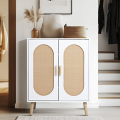 HAOYYE Modern 2 Door Vertical Shoe Cabinet with Rattan Accents Particle Board Frame White and Natural Finish with Gold High Legs Space-Saving Storage Organizer for Entryway Hallway Bedroom