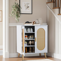 HAOYYE Modern 2 Door Vertical Shoe Cabinet with Rattan Accents Particle Board Frame White and Natural Finish with Gold High Legs Space-Saving Storage Organizer for Entryway Hallway Bedroom