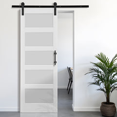 HAOYYE Unfinished Sliding Barn Door with 5FT Hardware Kit and Handle, 5 Panel Tempered Glass Door for Bedroom Living Room Kitchen Bathroom Garage, Modern Privacy Design, Easy DIY Assembly