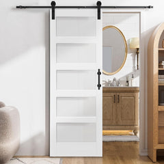 HAOYYE Unfinished Sliding Barn Door with 5FT Hardware Kit and Handle, 5 Panel Tempered Glass Door for Bedroom Living Room Kitchen Bathroom Garage, Modern Privacy Design, Easy DIY Assembly