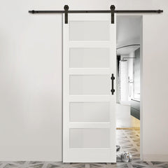 HAOYYE Unfinished Sliding Barn Door with 5FT Hardware Kit and Handle, 5 Panel Tempered Glass Door for Bedroom Living Room Kitchen Bathroom Garage, Modern Privacy Design, Easy DIY Assembly