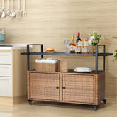 HAOYYE Outdoor Wicker Bar Cart Table Light Brown Rolling Buffet Serving Cart with Glass Top Storage Cabinet and Side Handles Portable Patio Island Cart on Wheels for Porch Backyard Garden Poolside Entertaining
