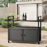 HAOYYE Outdoor Bar Cart Table Black Wicker Rolling Serving Island with Glass Top Storage Cabinet and Handles Portable Buffet Cart with Wheels for Patio Garden Porch Poolside Entertaining