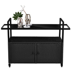 HAOYYE Outdoor Bar Cart Table Black Wicker Rolling Serving Island with Glass Top Storage Cabinet and Handles Portable Buffet Cart with Wheels for Patio Garden Porch Poolside Entertaining