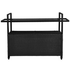 HAOYYE Outdoor Bar Cart Table Black Wicker Rolling Serving Island with Glass Top Storage Cabinet and Handles Portable Buffet Cart with Wheels for Patio Garden Porch Poolside Entertaining