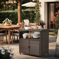 HAOYYE Outdoor Bar Cart with Storage Cabinet and Handles, Patio Wicker Serving Cart Buffet Sideboard with Rolling Wheels, Outdoor Kitchen Prep Table for Garden Deck Porch Poolside Entertaining and Beverage Service