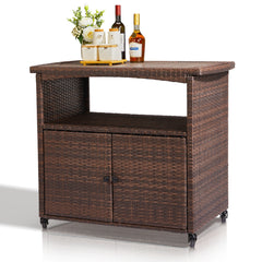 HAOYYE Outdoor Bar Cart with Storage Cabinet and Handles, Patio Wicker Serving Cart Buffet Sideboard with Rolling Wheels, Outdoor Kitchen Prep Table for Garden Deck Porch Poolside Entertaining and Beverage Service