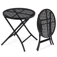 HAOYYE 1PCS Folding Patio Side Table Metal Steel Round Coffee Table with Flower Cutouts Weather-Resistant Outdoor Table for Balcony Garden Yard