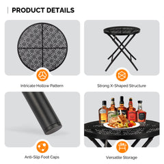 HAOYYE 1PCS Folding Patio Side Table Metal Steel Round Coffee Table with Flower Cutouts Weather-Resistant Outdoor Table for Balcony Garden Yard