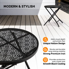 HAOYYE 1PCS Folding Patio Side Table Metal Steel Round Coffee Table with Flower Cutouts Weather-Resistant Outdoor Table for Balcony Garden Yard