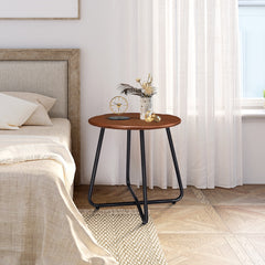 HAOYYE Outdoor Side Table with Imitation Wood Tabletop, Round Weather Resistant Patio End Table for Garden Yard Balcony Porch, Modern Small Outdoor Accent Table with Durable Steel Frame and Adjustable Leveling Feet for Stability