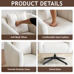 HAOYYE 360° Swivel Accent Chair, Modern Velvet Fabric Armchair, Wide Upholstered Design with Fluffy Cushion and Metal Legs, Comfy Barrel Chair for Living Room, Lounge, and Office, Off-White Finish, Elegant and Stylish Upholstery