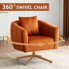 HAOYYE 360° Swivel Accent Chair, Modern Velvet Fabric Armchair, Wide Upholstered Design with Fluffy Cushion and Metal Legs, Comfortable Barrel Chair for Living Room, Lounge, and Office, Burnt Orange Finish, Stylish and Elegant Upholstery
