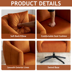 HAOYYE 360° Swivel Accent Chair, Modern Velvet Fabric Armchair, Wide Upholstered Design with Fluffy Cushion and Metal Legs, Comfortable Barrel Chair for Living Room, Lounge, and Office, Burnt Orange Finish, Stylish and Elegant Upholstery