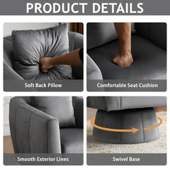 HAOYYE 360° Swivel Accent Chair, Modern Velvet Fabric Armchair with Fluffy Cushions, Wide Upholstered Design for Living Room, Bedroom, Lounge, and Office, Gray Finish, Comfortable and Stylish Barrel Chair