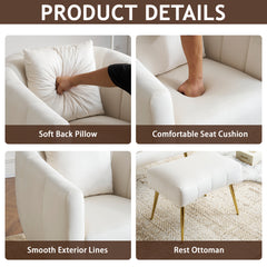 HAOYYE Velvet Accent Chair Set, Barrel Chair with Ottoman, Modern Club Chair, Reading Armchair with Lumbar Pillow, Ideal for Living Room, Bedroom, Study Room, Home Office, Off-White Finish, Soft and Comfortable Upholstery