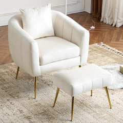 HAOYYE Velvet Accent Chair Set, Barrel Chair with Ottoman, Modern Club Chair, Reading Armchair with Lumbar Pillow, Ideal for Living Room, Bedroom, Study Room, Home Office, Off-White Finish, Soft and Comfortable Upholstery