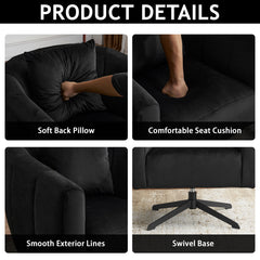 HAOYYE 360° Swivel Accent Chair, Modern Velvet Fabric Armchair, Wide Upholstered Design with Fluffy Cushion and Metal Legs, Comfortable Barrel Chair for Living Room, Lounge, and Office, Black Finish, Stylish and Elegant Upholstery