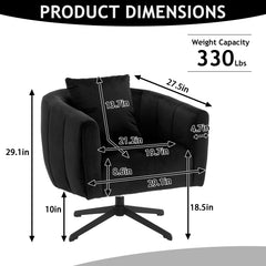 HAOYYE 360° Swivel Accent Chair, Modern Velvet Fabric Armchair, Wide Upholstered Design with Fluffy Cushion and Metal Legs, Comfortable Barrel Chair for Living Room, Lounge, and Office, Black Finish, Stylish and Elegant Upholstery
