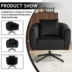 HAOYYE 360° Swivel Accent Chair, Modern Velvet Fabric Armchair, Wide Upholstered Design with Fluffy Cushion and Metal Legs, Comfortable Barrel Chair for Living Room, Lounge, and Office, Black Finish, Stylish and Elegant Upholstery
