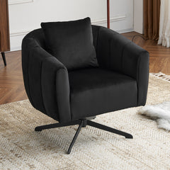 HAOYYE 360° Swivel Accent Chair, Modern Velvet Fabric Armchair, Wide Upholstered Design with Fluffy Cushion and Metal Legs, Comfortable Barrel Chair for Living Room, Lounge, and Office, Black Finish, Stylish and Elegant Upholstery