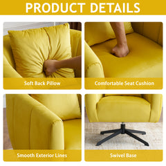 HAOYYE 360° Swivel Accent Chair, Modern Velvet Fabric Armchair, Wide Upholstered Design with Fluffy Cushion and Metal Legs, Comfortable Barrel Chair for Living Room, Lounge, and Office, Yellow Finish, Stylish and Elegant Upholstery