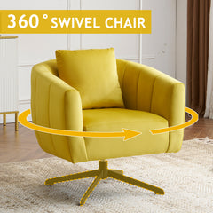 HAOYYE 360° Swivel Accent Chair, Modern Velvet Fabric Armchair, Wide Upholstered Design with Fluffy Cushion and Metal Legs, Comfortable Barrel Chair for Living Room, Lounge, and Office, Yellow Finish, Stylish and Elegant Upholstery