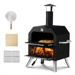 HAOYYE Outdoor Wood Fired Pizza Oven with 2-Layer Cooking Space, Removable Rack & Pizza Stone, Portable Pizza Maker for Backyard, Patio, Camping, BBQ, Built-in Thermometer for Temperature Control, Iron Pizza Cooker
