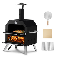 HAOYYE Outdoor Wood Fired Pizza Oven with 2-Layer Cooking Space, Removable Rack & Pizza Stone, Portable Pizza Maker for Backyard, Patio, Camping, BBQ, Built-in Thermometer for Temperature Control, Iron Pizza Cooker