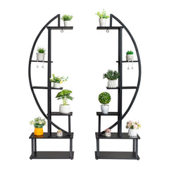 HAOYYE 2pcs 6-Tier Half Moon Plant Stand, Iron Wood Flower Pot Holder for Indoor Outdoor, Multi-Layer Plant Rack for Garden Balcony Patio Lawn