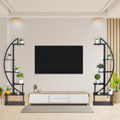 HAOYYE 2pcs 6-Tier Half Moon Plant Stand, Iron Wood Flower Pot Holder for Indoor Outdoor, Multi-Layer Plant Rack for Garden Balcony Patio Lawn