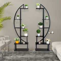 HAOYYE 2pcs 6-Tier Half Moon Plant Stand, Iron Wood Flower Pot Holder for Indoor Outdoor, Multi-Layer Plant Rack for Garden Balcony Patio Lawn