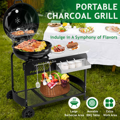 Haoyye Portable Charcoal Grill with Cart BBQ Grill for Outdoor Cooking with Porcelain Enameled Lid Thermometer and Slide Out Ash Catcher Ideal for Backyard Picnic Patio Camping and Barbecue Parties