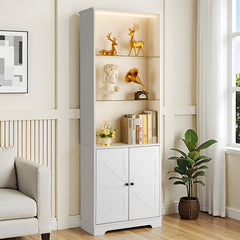 HAOYYE 3-Layer Glass Shelf Display Cabinet with 2 Doors, Double Z Shape Design, LED Light Strip, Curved Base Feet, Triamine Board Construction, White Soft Cozy Warm Flannel Fleece Home Decor, Luxury Modern Storage Unit for Living Room or Office