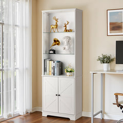 HAOYYE 3-Layer Glass Shelf Display Cabinet with 2 Doors, Double Z Shape Design, LED Light Strip, Curved Base Feet, Triamine Board Construction, White Soft Cozy Warm Flannel Fleece Home Decor, Luxury Modern Storage Unit for Living Room or Office