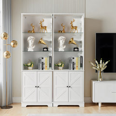 HAOYYE 3-Layer Glass Shelf Display Cabinet with 2 Doors, Double Z Shape Design, LED Light Strip, Curved Base Feet, Triamine Board Construction, White Soft Cozy Warm Flannel Fleece Home Decor, Luxury Modern Storage Unit for Living Room or Office