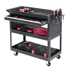 HAOYYE 3-Tier Rolling Tool Cart Heavy Duty Metal Utility Cart with Pegboard Drawer and 4 Hooks Black Large Storage Capacity 330 lb Load Garage Warehouse Repair Shop Organizer