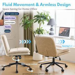 HAOYYE Criss Cross Chair with Wheels & pegs,Dual-Base Wide Armless Comfy Desk Chair Cross Legged,Adjustable Swivel Modern Vanity Chair,Computer Rolling Chair for Home Office,Makeup,Waxed PU,Lvory